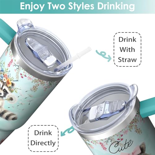 30oz Raccoon Stainless Steel Tumbler with Handle and Straw, Insulated Cup Travel Coffee Mug Water Bottle with Lid and Straw, Animal Lovers Women Gifts - color: Raccoon