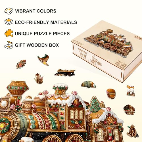 Christmas Mechanical Train Puzzles Adults Gifts Wooden 80 Pieces 8.5 * 5.5in - color: Christmas Mechanical Train, size: Small