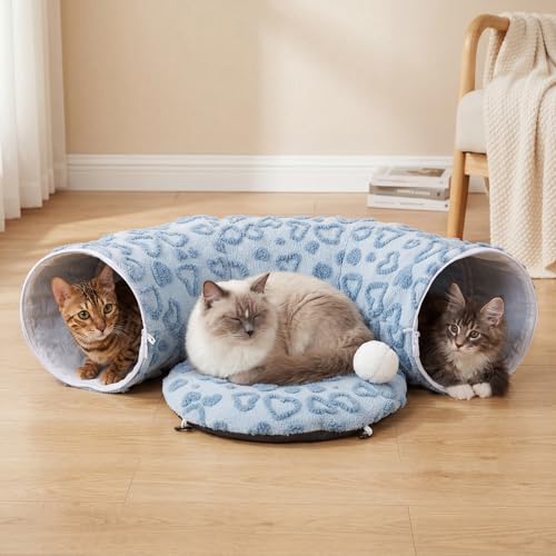 Cat Tunnel Bed, Cute Cat Tunnel Toy with Washable Cushion, Fits Indoor Cats up to 25 lbs, Cute Peekaboo Cave Pet Bed for Kittens, Rabbits, Blue Heart - color: Blue Heart