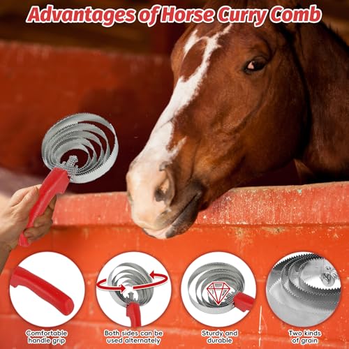 kathson 5 Rings Curry Comb Horse Brush Scraper Reversible Stainless Steel Livestock Shedding Comb with Soft Touch Grip for Dog Horse Grooming Supplies (Red)
