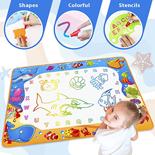 Water Doodle Mat - Kids Color Painting Toy, Gift Set for Toddlers 3-7 | Great Educational Water Doodle Mat - Toddler Painting Toy Gift with Fun Stencils, Magic Pens & Drawing Templates for Kids - color: Ocean