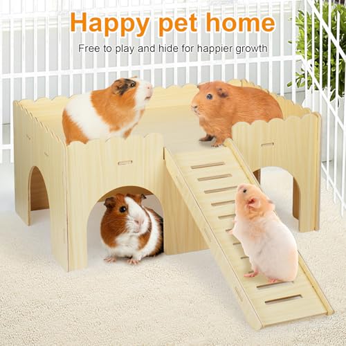 Large Wooden Guinea Pig Hideout with Ramp & 4 Cave Entrances for Small Pets | Easy Assembly, Easy-Clean Surface, Spacious Design, Anti-Slip Ramp, Quality Wood