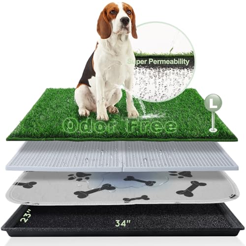 HQ4US Dog Grass Pad with Tray, Odor Free Grass Pee Pad for Dog Litter Box | Large Indoor Dog Potty Tray with Grate, Artificial Grass Fast Drainage, Hemmed Edge, Reusable Puppy Pads for Balcony - size: Large - 34”×23” for 10-60lbs Dog