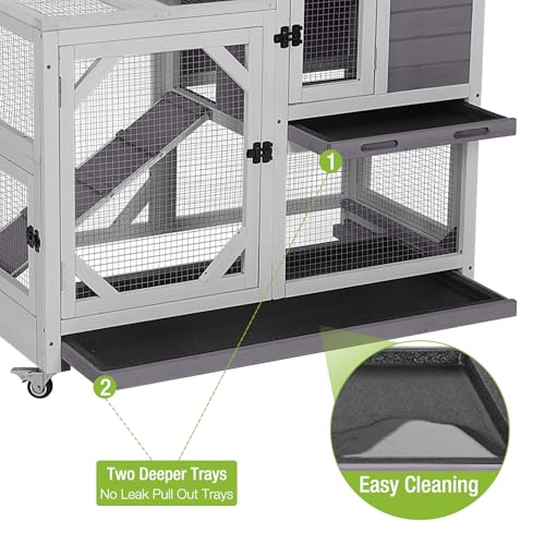 GUTINNEEN Rabbit Hutch Indoor Outdoor 2 Story Bunny House on Wheels Wood Rabbit Cage with 2 Pull Out Trays Guinea Pig Cage (Gray) - size: 39.3"L Rabbit Hutch Grey