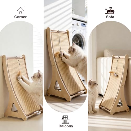 Sisal Cat Scratcher, Cat Scratching Board with Mouse Toy | 24” Wooden Ramp, Vertical and Horizontal Use for Wall and Floor, Easy Assembly, Climb and Scratch Fun, Protects Furniture