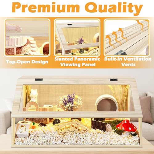 PROLEE Hamster Cage Large Chewproof, 40" x 20" x 20" Sloped Mice and Rat Habitat with Clear View, Solid Built with Lockable Design and Openable Top (Oak) - color: Oak