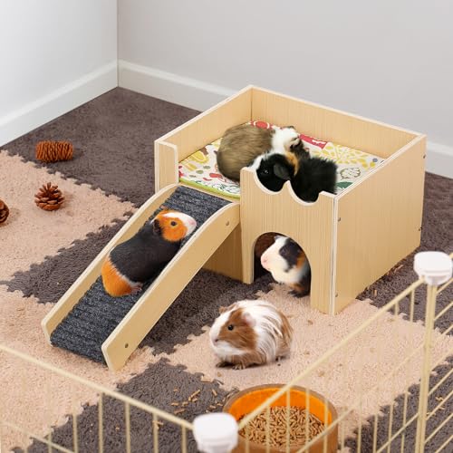 MEWTOGO Upgraded Sturdy Wooden Guinea Pig Castle with Stairs & Mat | Easy to Assemble, Sturdy, Playing Hiding House, for Hamsters Bunny Chinchillas Small Animals - size: Small