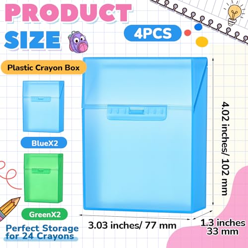 Clabby 4 Pcs Clear Plastic Crayon Boxes Hold 24 Count, Blue,Green | Organizer Box, Case, Colorful, Portable Storage Holder with Snap Lid, for Boys Girls Kids School Classroom Home Art Supply - color: Blue,Green