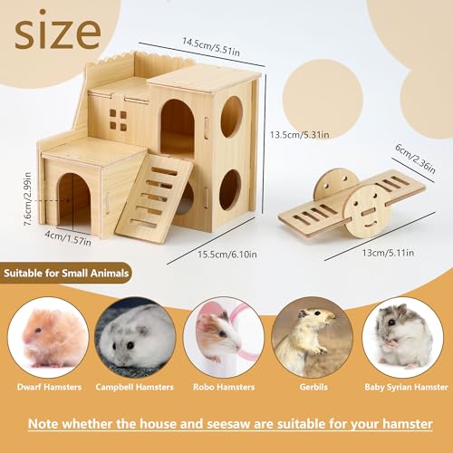Wooden Hamster Hideout Cage Accessories, Guinea Pig House and Seesaw | Double-Decker Hide Hut with Slide, Hamster Chew Toys for Pet Rats, Hamster Platform for Dwarf Gerbils, Two-Story