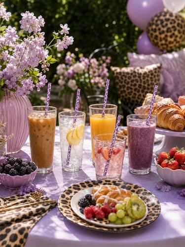 10PCS Set Leopard Straw Cheetah Animal Straws Hard Plastic Reusable Straw and Cleaning Brush Heart Silicone Straw Toppers with Leopard Print Summer Party Supplies (Purple) - color: Purple