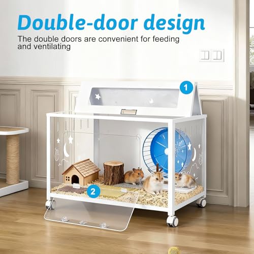 Large Hamster Cage, Hamster Habitat 360° Viewing Guinea Pig Cages Hamster Tank with 2 Door and Wheels Small Animal Habitat for Syrian Dwarf Gerbils Rats Guinea Pigs