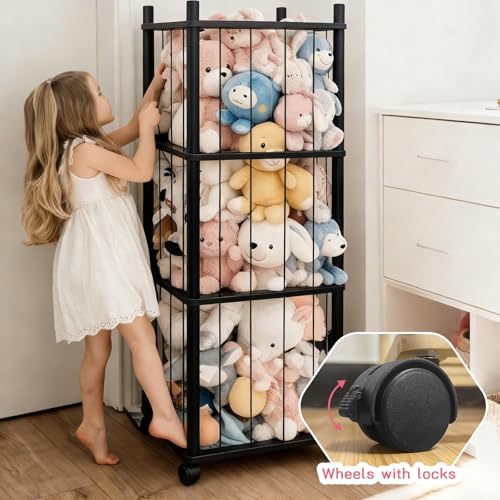 Stuffed Animal Zoo Storage with Lockable Wheels, Black | Sturdy Solid Wood Toy Organizer, Large Capacity Plush Toy Cage, Space-Saving for Toddler/Playrooms/Bedrooms - color: Black