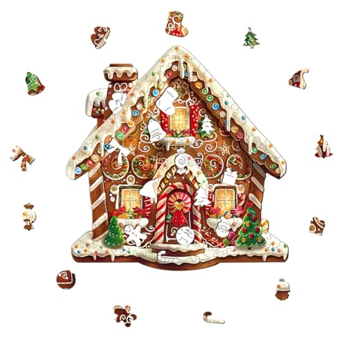 Wooden Christmas Puzzles Adults, Christmas Gingerbread House Shaped Wooden Puzzles 250 Pieces, Unique Challenging Wood Jigsaw Puzzles Xmas for Men Women, 13.4x13.2in - color: Christmas Gingerbread House, size: Large
