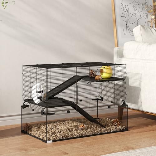 PawHut Large Hamster Cage Deep Tempered Glass Bottom 30"x19"x21.5" Black | 3 Tiers Hamster Tank, Running Wheel, Hut, Water Bottle, Dish, Rat Cage for Syrian, Dwarf, Gerbils, Mouse - size: 30.1"L x 19.0"W x 21.5"H