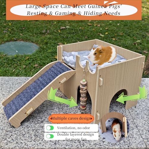 Guinea Pig Hideout, Small Animals House with | Mat Ramp | Cave | Blanket | Toy |, Wooden Detachable Castle for Guinea Pig Cages Accessories, Bed Hut Habitats for Hamster Bunny Playing Sleeping Hiding