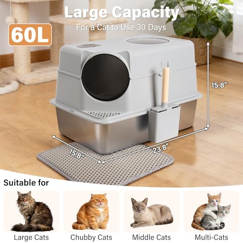 Stainless Steel Litter Box with Lid, XL Large Enclosed Cat Litter Box | Metal Cat Litter Box for Big Cats with High Sided,Anti-Leakage,Front & Top Entry,Includes Mat & Scoop - size: XL (Enclosed)