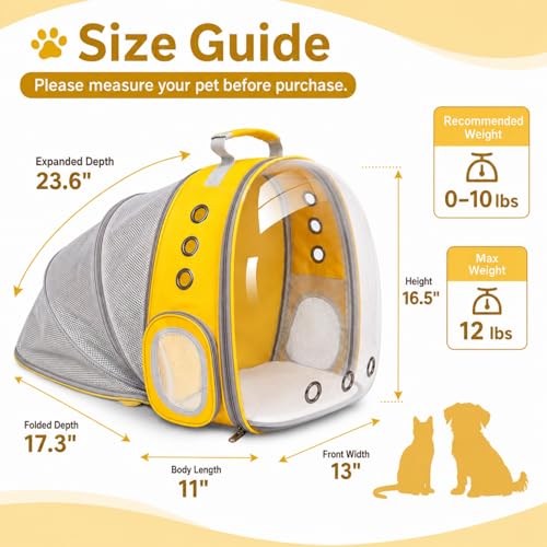 Cat Backpack Carrier Back Expandable Bubble Pet Carrier Backpack for Large Cat, Kitten and Dog, Designed for Hiking, Travelling and Outdoor Use (Back Expandable-Yellow) - color: Yellow