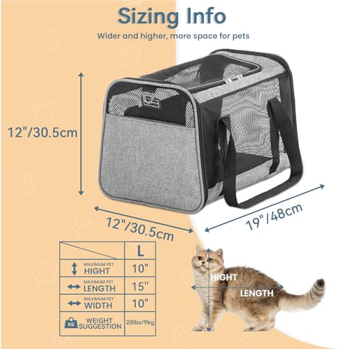 PETSFIT Large Cat Car Carrier,19 x 12 x 12 | Roomy Escape-Proof Cat Car Seat, Safe Driving, Lockable Zippers & Safety Tether, Soft-Sided Travel Carrier - color: Z-Gray, size: 19.0"L x 12.0"W x 12.0"H