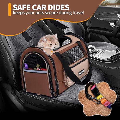 Collapsible Small Pet Carrier for Cat 15 lbs with Fashion Pocket Travel Bag | Lightweight Sturdy Little Puppy Dog Carry Crate, Breathable Stylish Kitten Soft Cage Kennel, Portable Yorkie Box Khaki - color: Khaki