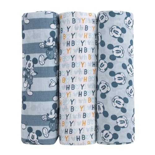 Disney Mickey Mouse 3 Piece Muslin Swaddle Baby Blanket Set - color: Mickey Mouse Gray, Charcoal, and White