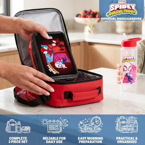 Get Trend Marvel Spidey and His Amazing Friends Boys Lunch Box 3Pc Set | Kids Insulated Lunch Bag with BPA-Free Water Bottle and Snack Box, Back to School Ghost Spider, Miles Morales Gifts for Boys - color: Red/Black Spidey and Friends