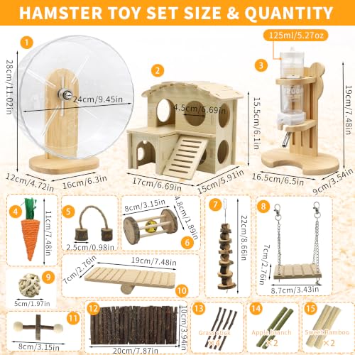 20 Pieces Hamster Cage Accessories, Wooden Hamster Wheel Toys, Water Bottle | 9.45 In Silent Hamster Wheel, Chew Toys Set, House And Water Bottle with Stand for Chinchillas Guinea Pig Rat Small Animals