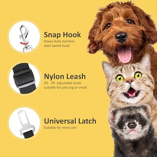 SunGrow Dog Seat Belt for Car, Adjustable Nylon Pet Seatbelt, Supports All Cars, Dog Car Leash Seat Belt, Seatbelt for Dogs, Cats & Ferrets Travel Harness - color: Black