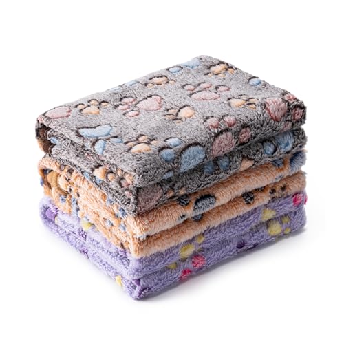 1 Pack 3 Blankets Super Soft Fluffy Premium Fleece Pet Blanket Flannel Paw Printed Throw for Dog Puppy Cat (Small 23x16'', Dark Coffee, Brown, Purple) - color: Dark Coffee, Brown, Purple, size: 23x16 inch(Pack of 3)