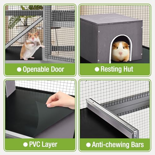 Large Ferret Cage, Chinchilla Cage with 5 Levels, Wooden Guinea Pig Cages with Wheels, Small Animal Cages with Ramp, Hideout, Pull Out Tray, for Rat, Hamster, Hedgehog