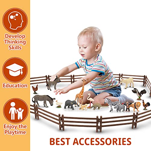 Toymany 24PCS Plastic Corral Fencing Playset Accessories for Farm Animals Figurines, Cake Toppers - Educational Gift for Kids and Toddlers - style: Brown(24PCS)