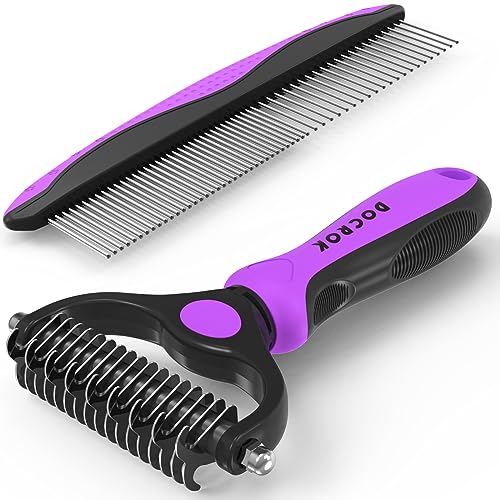 Docrok Pet Grooming Brush and Metal Comb Combo - Undercoat Rake for Dematting and Deshedding Long Matted Haired Dogs and Cats, Purple | Dematting Deshedding Undercoat Rake, Cat Brush Dog Brush Shedding Tool for Long Matted Haired Pets - color: Purple