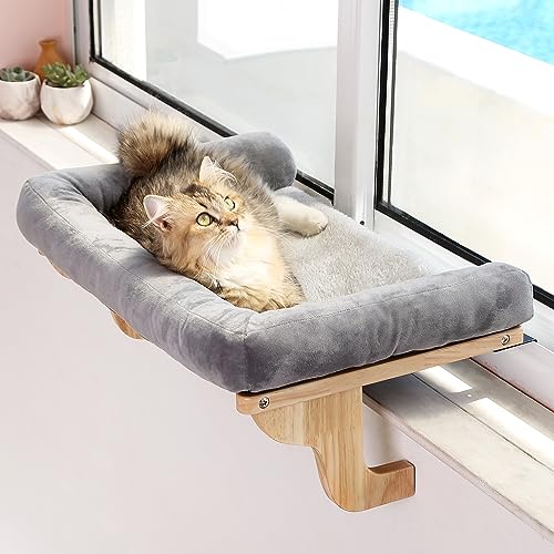 Zakkart Cat Perch for Window Sill with Bolster - Orthopedic Hammock Design with Premium Hardwood & Robust Metal Frame - Cat Window Seat for Large Cats and Kittens - Natural Color Wood Gray Bed, 24''W - color: Natural Color Wood with Gray Bed, size: 24''L