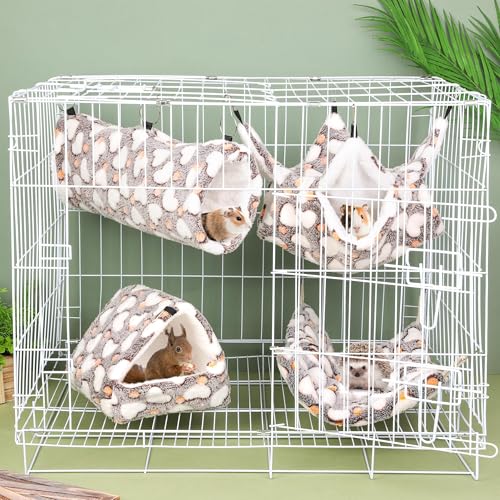MCEAST 4 Pieces Small Pets Cage Accessories Hanging Hammock Sleeping Bag Tunnel and Bed Hideout Set Warm Sleep Nap Sack Bed for Hamster Ferret Squirrel Rabbit, Coffee Hearts - style: Coffee Hearts