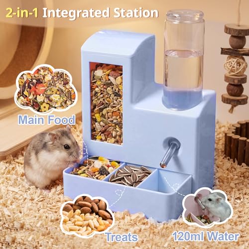 2 in 1 Hamster Water Bottle, No Drip 120ml Hamster Water Bottle, Gravity Hamster Food Bowl with Snack Bowl, Hamster Cage Accessories for Cage for Guinea Pigs