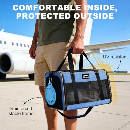 Pet Carrier Airline Approved, Soft Sided Cat Carrier for Small Pets up to 13 lbs, TSA Approved Dog Travel Bag, Portable Soft Sided Pet Carrier for Kittens and Puppies (Blue, Folding Bowl) - color: BLUE