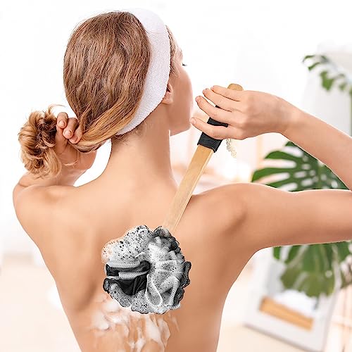 FORENEE Black Loofah on a Stick, PE Mesh Back Scrubber with Wood Handle | Soft PE mesh creates rich lather for gentle cleansing; water-resistant coated wood handle, rubber grip and hanging loop. - style: Black