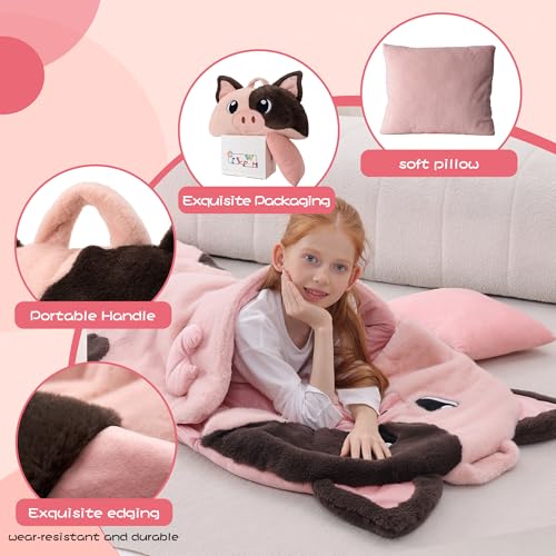 70" 4.2lbs Kids Sleeping Bag with Pillow Pink Pig Toddler Nap Mat | Sleep Sack 2-in-1 Sleeping Mat& Blanket Washable Roll-Up w/ Handle For Daycare Kindergarten Thick Soft & Portable In Gift Box - color: Pig-Pink