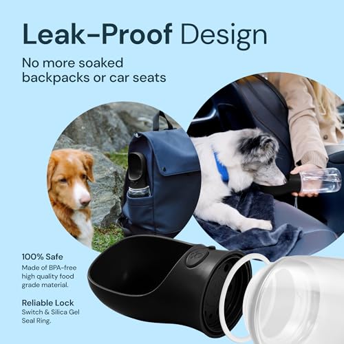 MalsiPree Dog Water Bottle Dispenser - 12 oz Black, Leak-Proof | 12oz leak-proof bottle - one-hand use - built-in bowl - Use for dog walks, travel, hiking & beach days - color: Black, size: 12oz - Standard