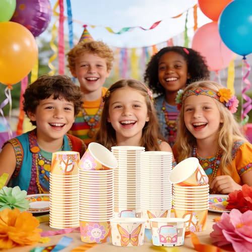 120Pcs 12oz Groovy Ice Cream Cups for Hot or Cold Food | Retro Hippie Boho Dessert Bowls Disposable Daisy Flower Sun Large Snack Cups for Baby Bridal Shower One Birthday Party Favor - style: Hippie Dessert Cup
