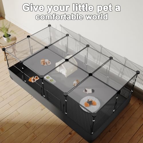 Tresbro Guinea Pig Cage with Top Cover & 12 Panels, Triple Fixing Measures Small Animal Playpen with Waterproof PVC Liner & One-Motion Hooks, 48 x 24 x 16 C&C Grids Cage for Bunny, Hedgehog, Hamster - size: 12 Panels-with roof