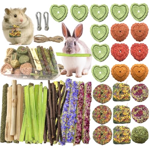 60pcs DIY Rabbit Toys for Bunnies Boredom,Rabbit Toy for Bunnies Boredom Bunny Toys for Teeth, Timothy Stick, Apple Sticks, Sweet Bamboo, for Guinea Pig, Hamster, Chinchilla, Rat, Small Animals