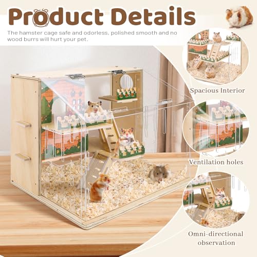 Large Acrylic Hamster Cage, Wooden Dwarf Hamster Habitat, Spacious Dwarf Gerbil Cage, Premium Dwarf Hamster Habitat with Ventilator (Hamster Cage)