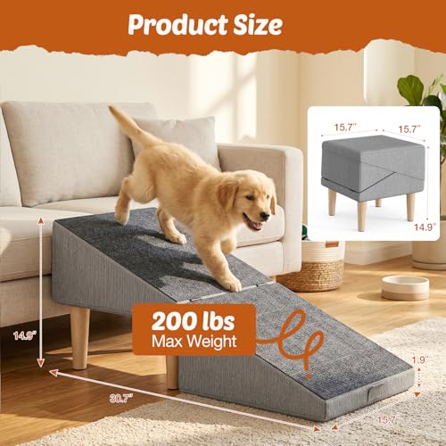Foldable 15 Inch Dog Ramp, Ramply Split Ottoman with Detachable Washable Treads, 2-in-1 Folding Pet Ramps Stairs for Couch and Bed, Sturdy Ramp for Cats and Small to Medium Dogs - color: Light Gray
