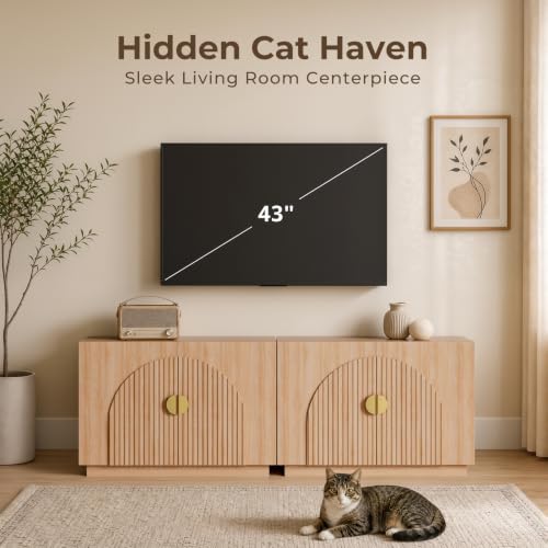 Amunrbrek Cat Litter Box Enclosure Furniture, 31.5" Arched Fluted Cabinet - color: Natural