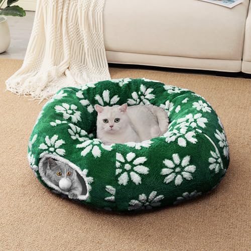 Cute Round Cat Tunnel for Indoor Cats, Green Flower | Peekaboo Cat Cave with Dangling Balls, Pet Donut Tunnel Bed with Circle Mat for Puppy Kitten Rabbit - color: Green Flower, size: Round