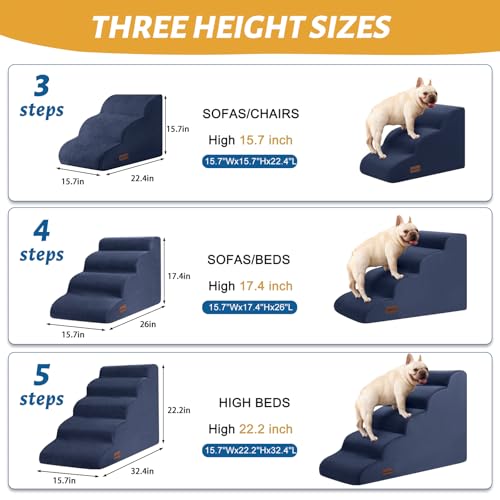 Dog Stairs and Steps for Beds Or Couches, 3-Step Pet Stairs & Steps for Small Dogs and Cats, Soft and Non-Slip Dog Ramp for Older Dogs,Pet with Joint Pain,Easy to Walk | 15.7" H Non-Slip Sturdy Dog Steps with Curved Ramp for Senior,Short-Legged Dogs,Puppy