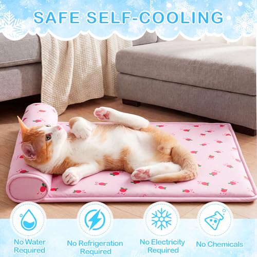DoubleFill 4 Pack Cooling Pet Mats 23.6" x 31.5" Cooling Dog Beds with Supportive Pillow Self Ice Washable Cool Pads Summer Cat Sleeping Pad with Storage Bag for Summer Crate Floor (Large, Pink) - size: Large, style: Pink