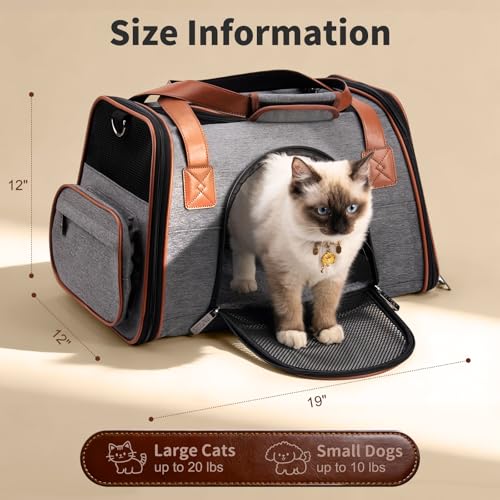 Premium Pet Carrier for Cat, Carry Purse with Head Hole, Seatbelt Buckles | High Qualiy Leather, Medium to Large Cat up to 20lbs, Small Puppy Dog 10lbs Car Travel Crate, Top & Side Load, Luggage Sleeve