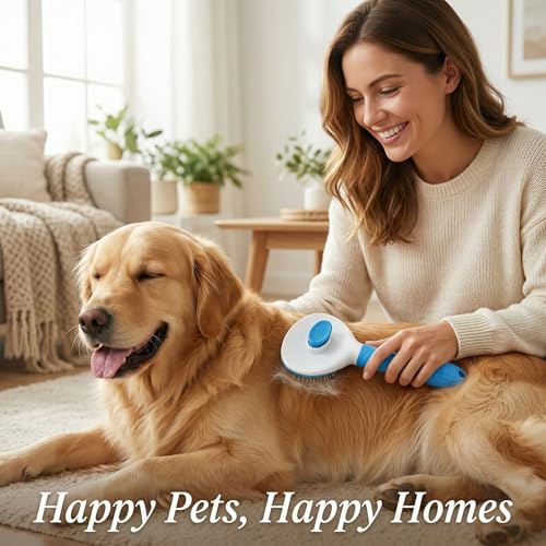 Self Cleaning Pet Grooming Brush for Dogs & Cats – Deshedding Slicker Brush with Hair Removal Button, Gentle Skin Safe with Free Comb