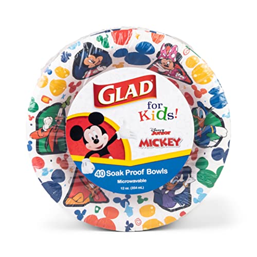 Glad for kids Disney Mickey and Friends Disposable Bowls, 12 Oz, 40 Count | Sturdy, cut-resistant paper bowls for snacks and parties, easy cleanup for everyday use - size: 40 Count (Pack of 1)